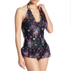 Marilyn Monroe Skirted Floral Halter Top Swimsuit